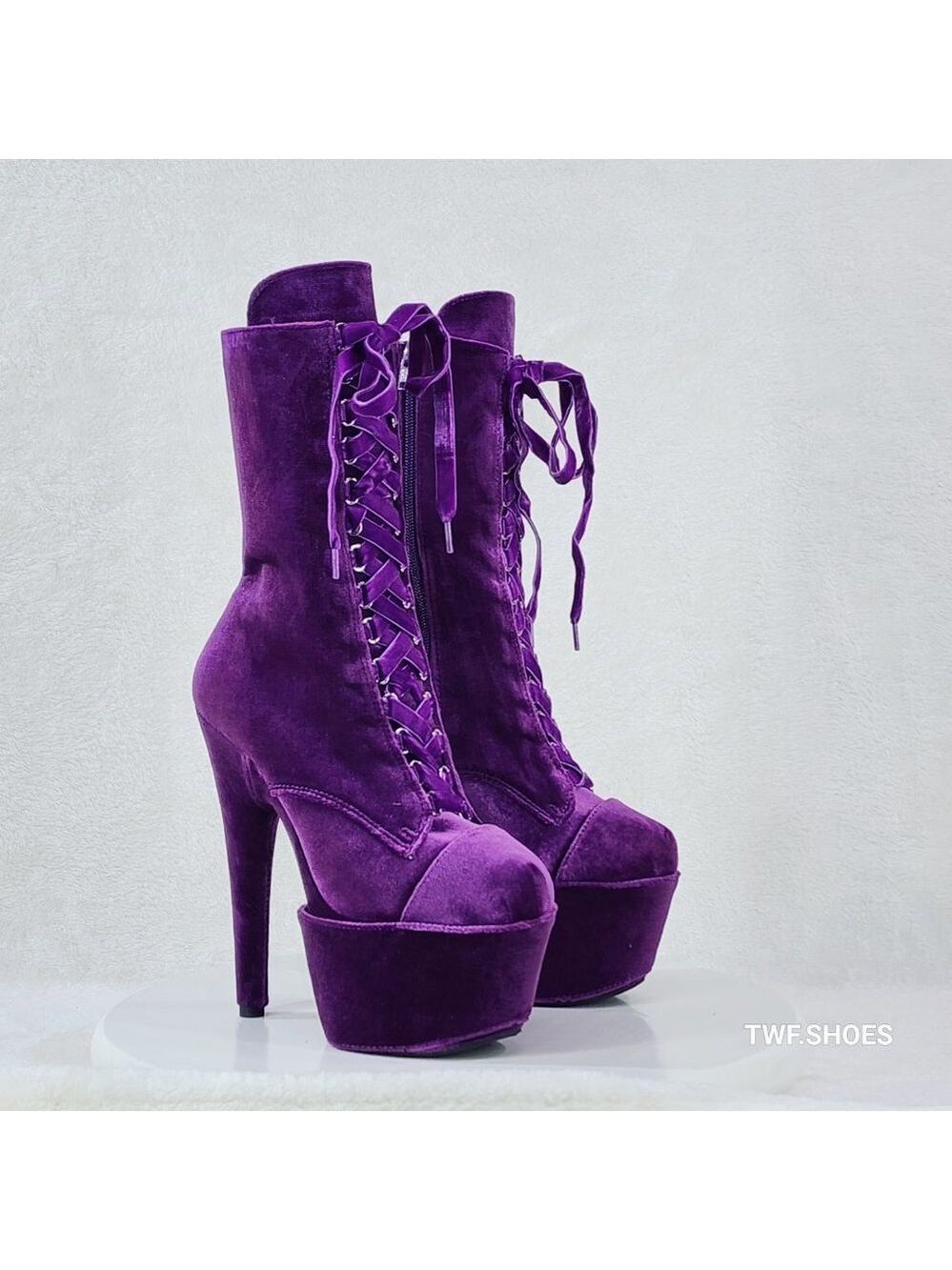 1020 Purple Velvet 7" High Heel Platform Ankle Boots With Boot Protectors - Picture 6 of 8